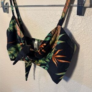 Mahina Black Tropical Leaf Print Cut Out Tie Bust Crop Top Resort Wear Size S